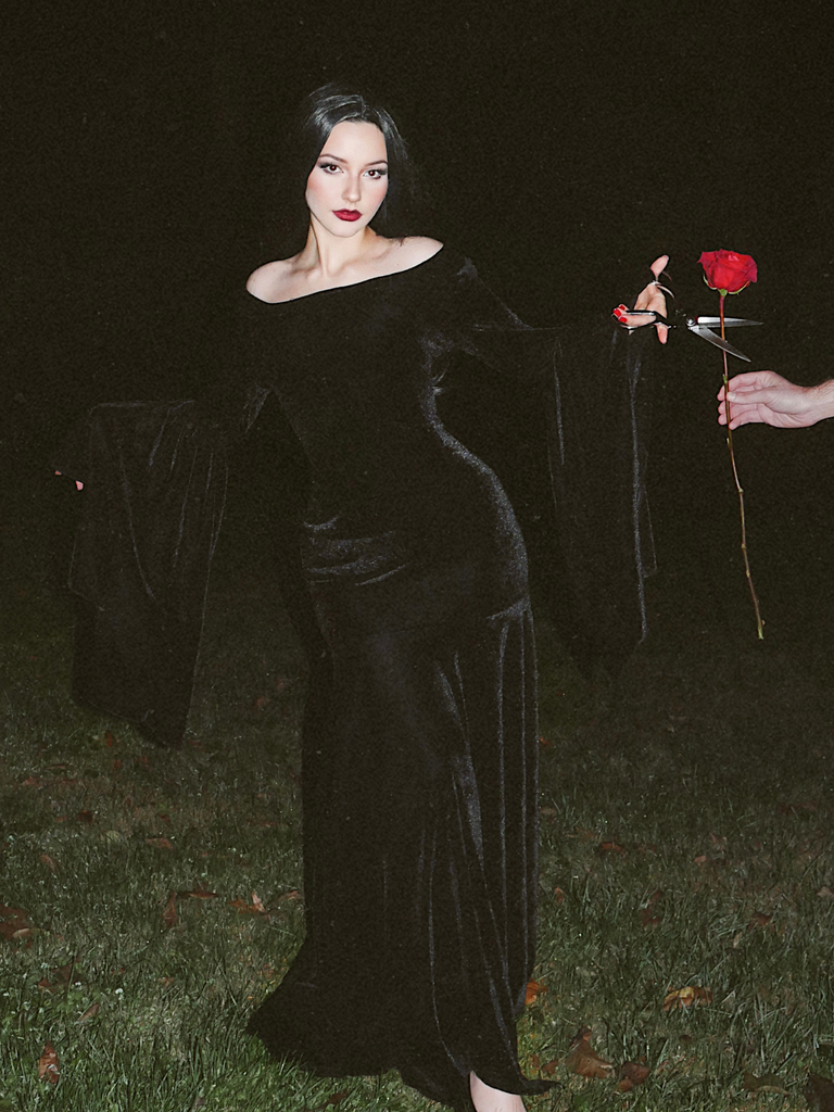 Black 1930s Wednesday Morticia-Inspired Velvet Bell Sleeves Mermaid Dress