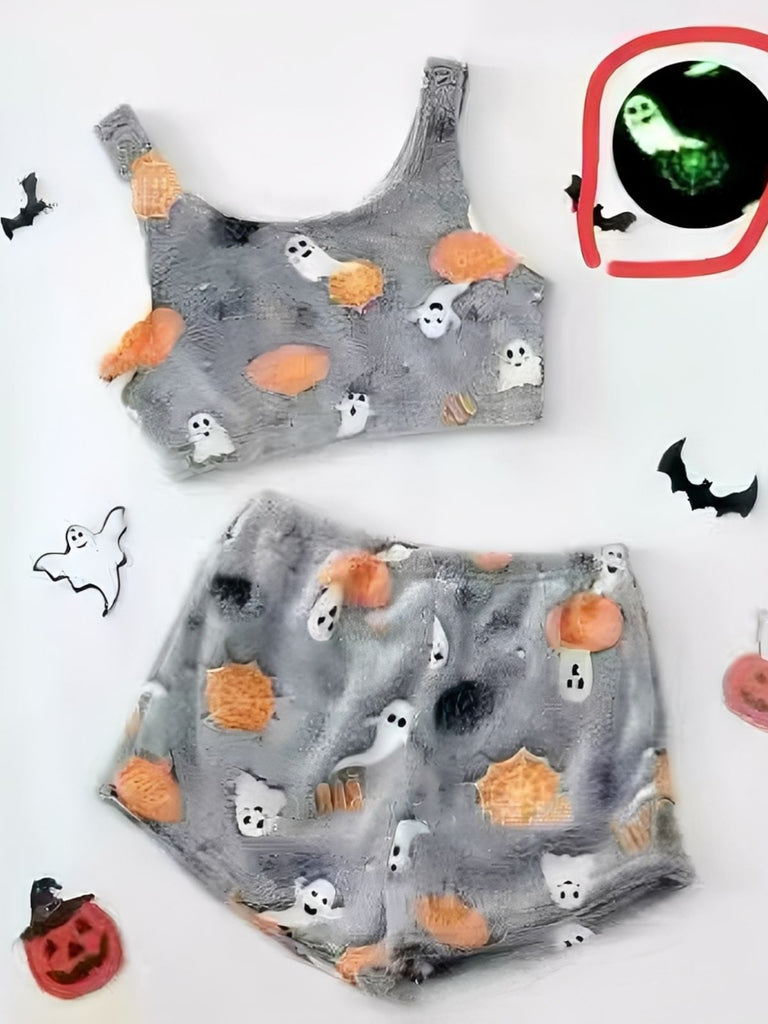 2PCS Grey 1970s Halloween Glowing Print Flannel Pajama Set