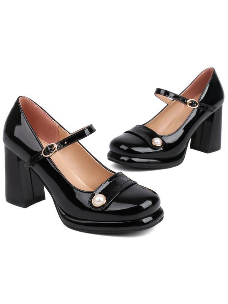 Square Toe PU Leather Pearl Chunky Heels
