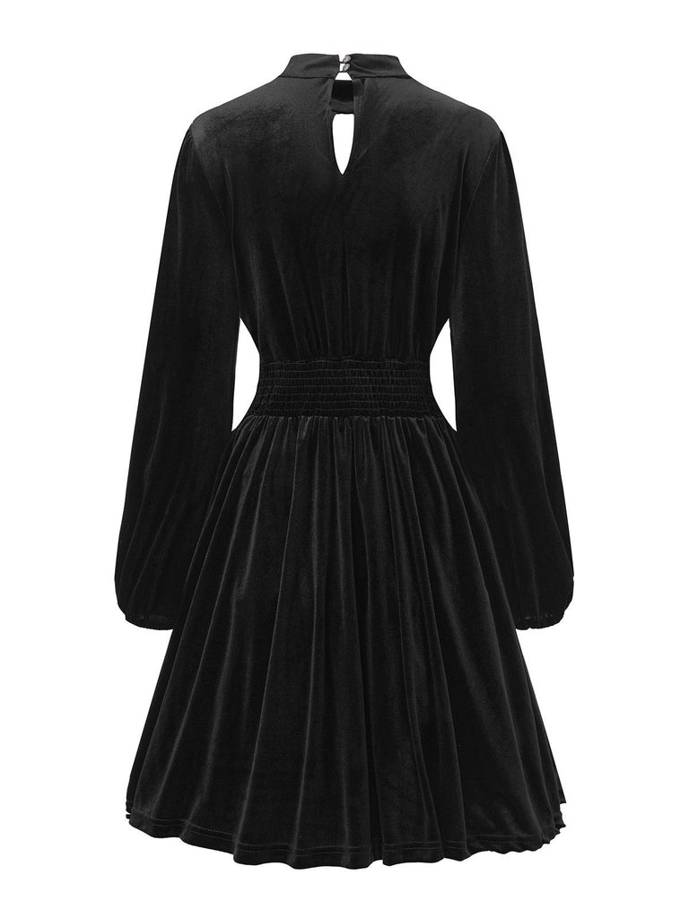 1940s Velvet Cutout Pleated Lantern Sleeve Dress