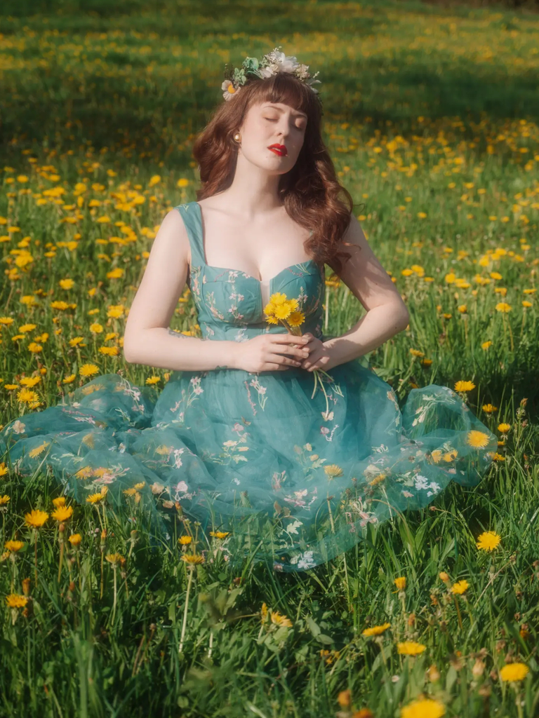 1930s Floral Mesh Boned Lace-Up Dress