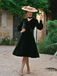 Green 1950s Keyhole V-Neck Pearl Velvet Dress