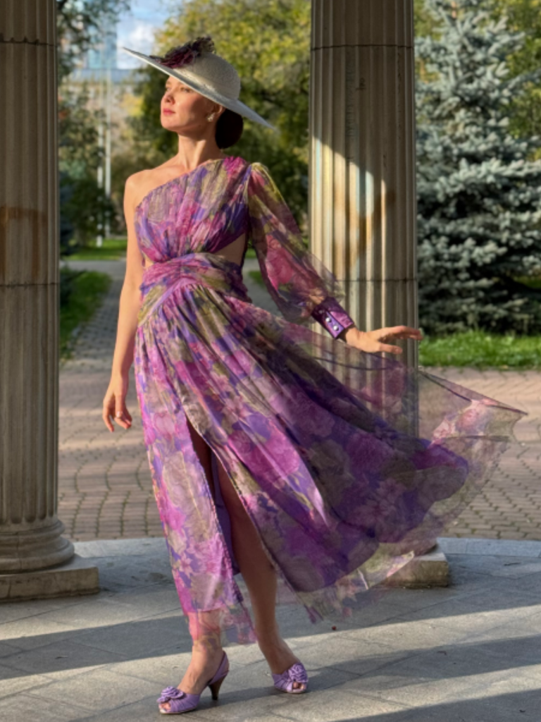 Purple 1930s Mesh One-Shoulder 3D Floral Evening Dress