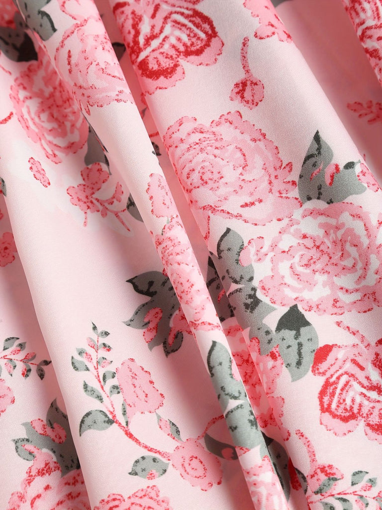 [Plus Size] Pink 1950s Square Neck Floral Dress