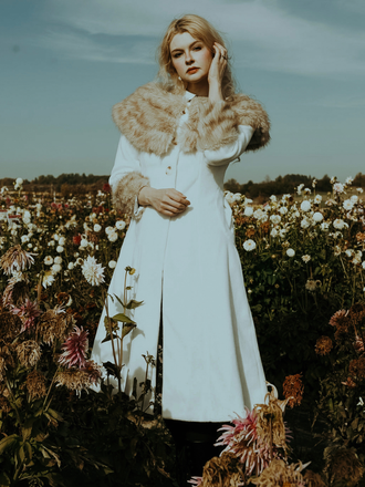 Cream 1950s Multi-Layer Fur Collar Patchwork Coat