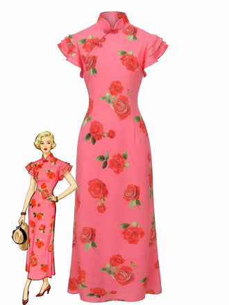 Pink 1930s Rose Ruffle-Sleeve High-Neck Maxi Dress