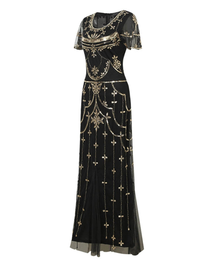 1920s Beaded Mesh Short Sleeve Charleston Dress