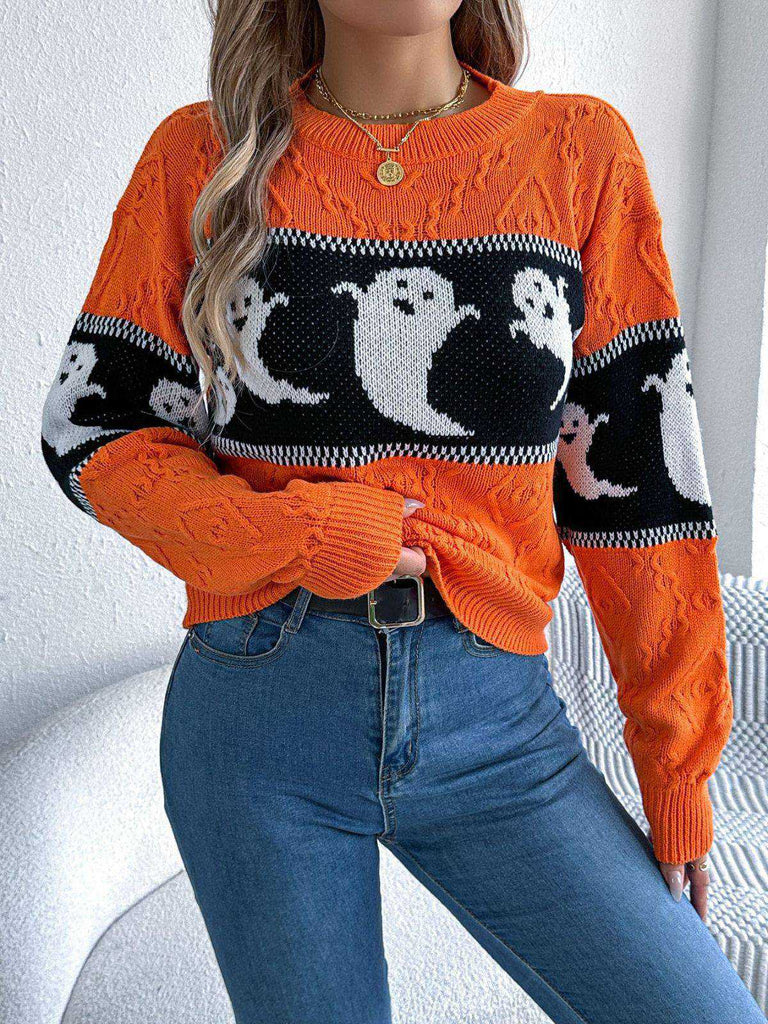 Orange 1940s Halloween Ghost Knit Sweater