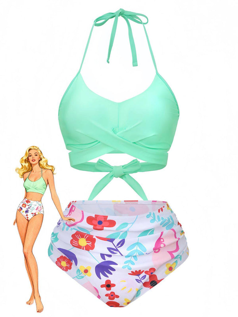 Mint Green 1940s Floral High-Waist Bikini Swimsuit