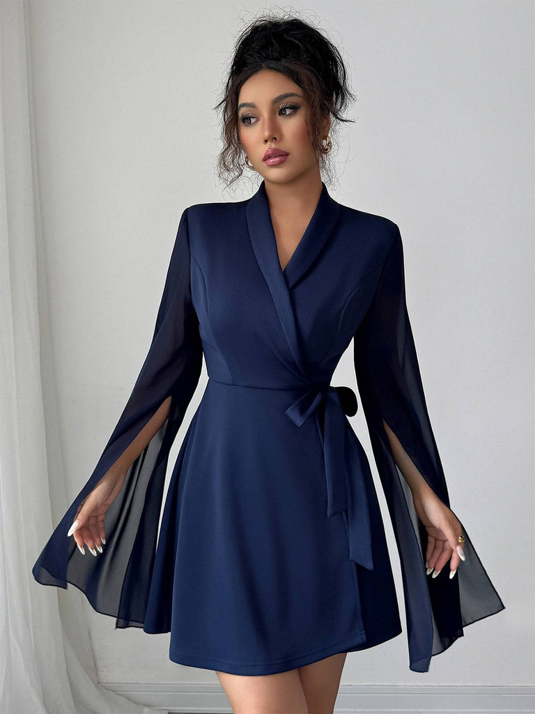 Blue 1980s Solid Slit Mesh Sleeves Bow Lapel Dress