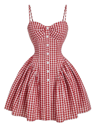 Red 1950s Gingham Plaid Button Spaghetti Strap Dress