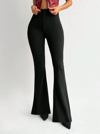 Black 1950s Solid High-Waist Flare Pants