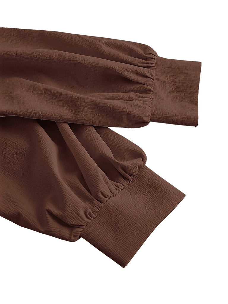 Coffee 1930s Lapel V-Neck Fitted Waist Lantern Sleeve Blouse