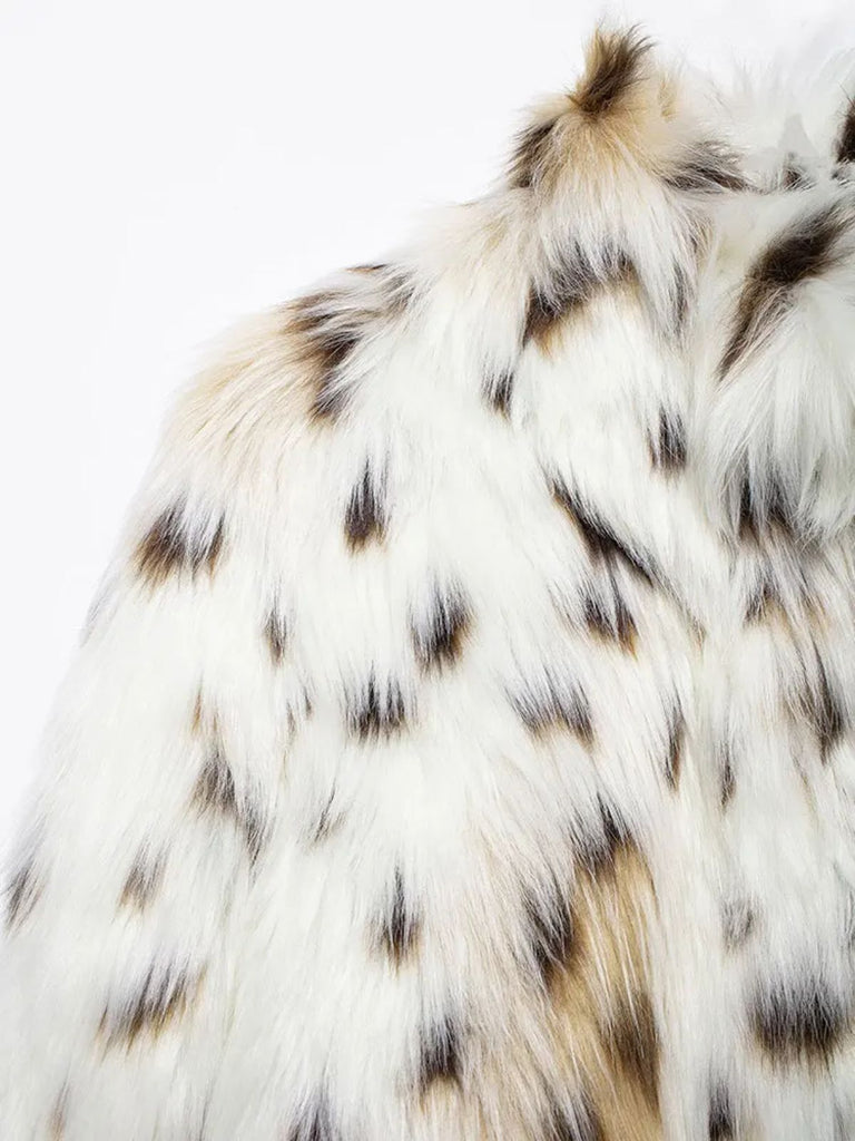 White 1980s Reindeer Print Faux Fur Jacket