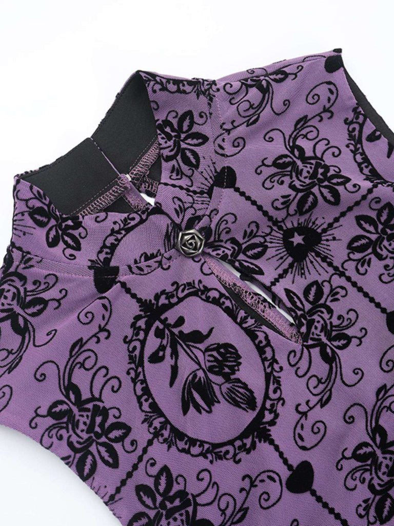 Purple 1930s Rose Flocked Neo-Chinese Dress