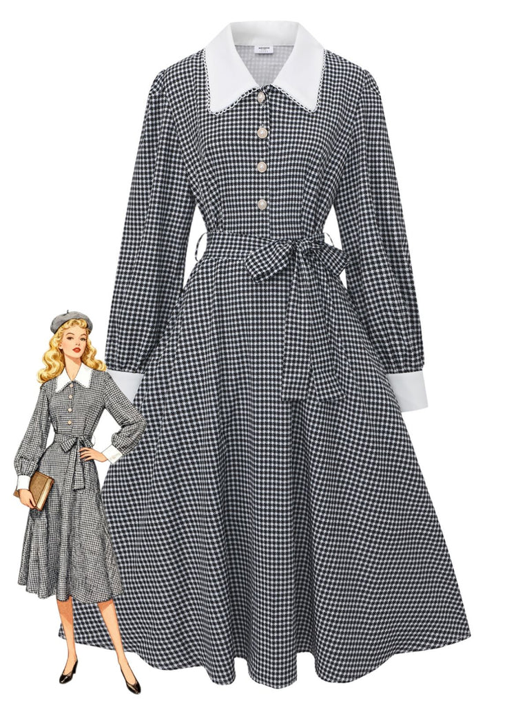 Black 1940s Houndstooth Puff-Sleeves Pearl Button Dress
