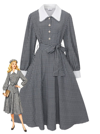 Black 1940s Houndstooth Puff-Sleeves Pearl Button Dress