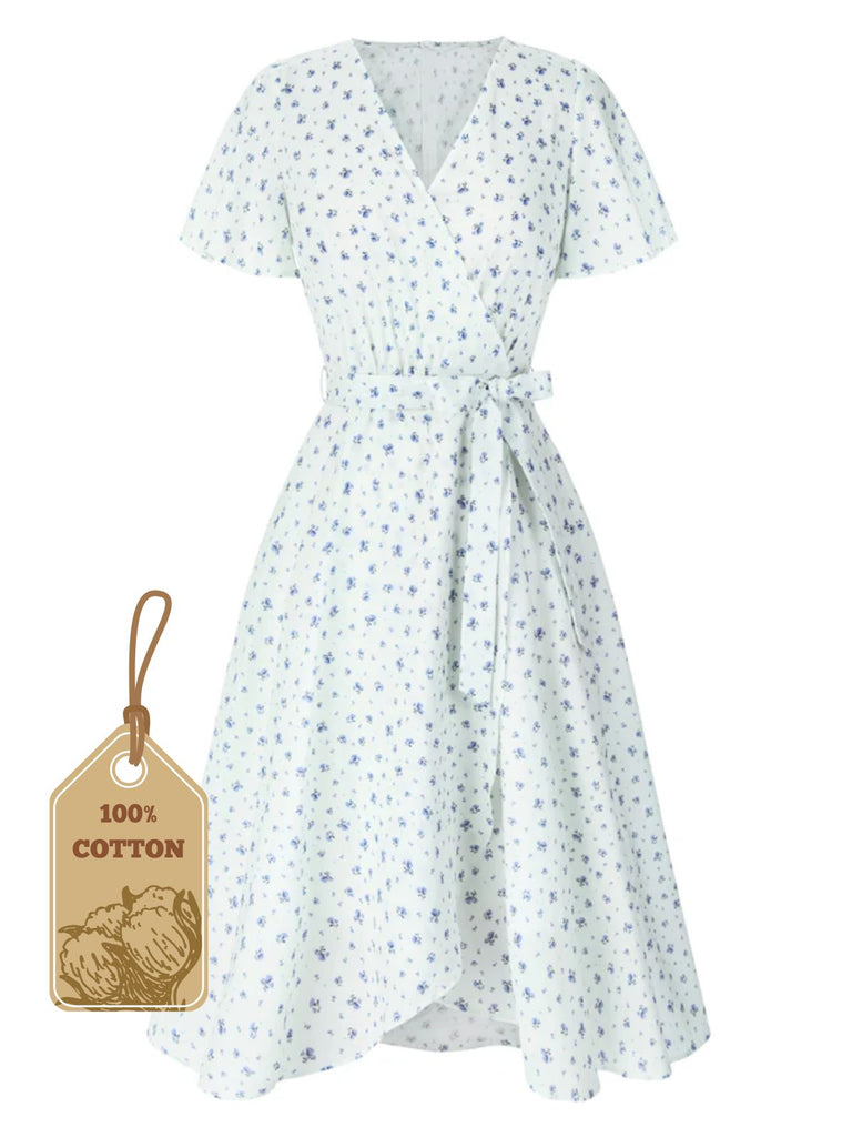 White 1940s Cotton Slanted Tie Floral Dress