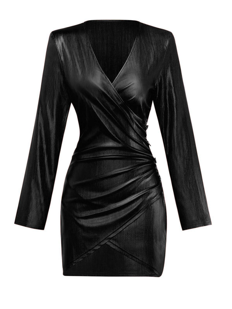 1960s Solid V-Neck Slit Bodycon Dress