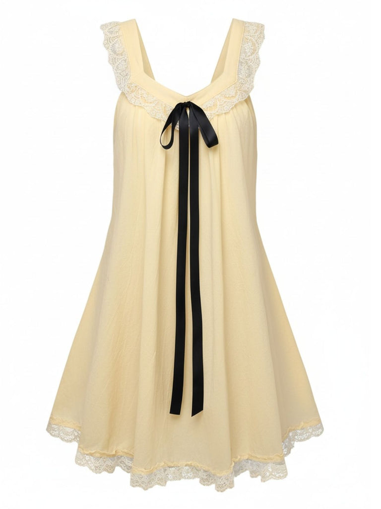 1960s Solid Bow Backless Lace Babydoll Dress