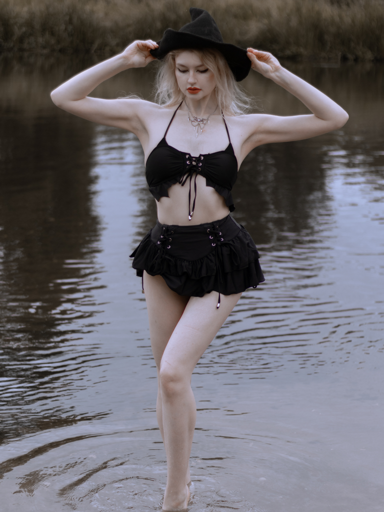 Black 1950s Halter Lace Up Bikini Set & Tiered Cover Up