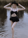Black 1950s Halter Lace Up Bikini Set & Tiered Cover Up