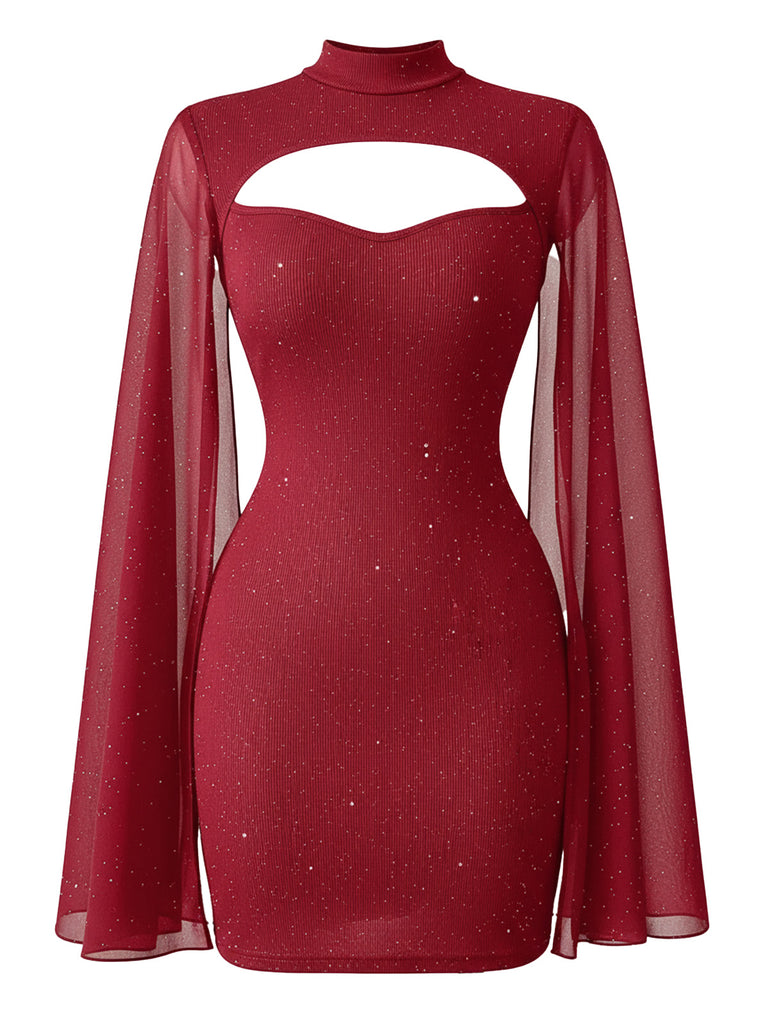 1980s Solid Pearl Chiffon Cape Bodycon Dress