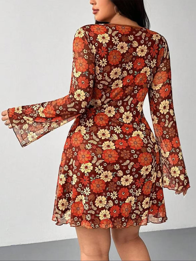 [Plus Size] Orange 1960s V-Neck Floral Dress