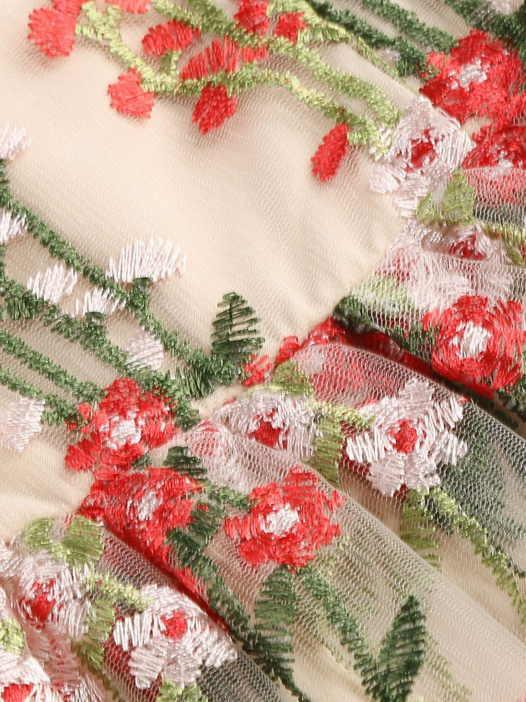 1950s Embroidered Mesh Lace-Up Sweetheart Neck Dress
