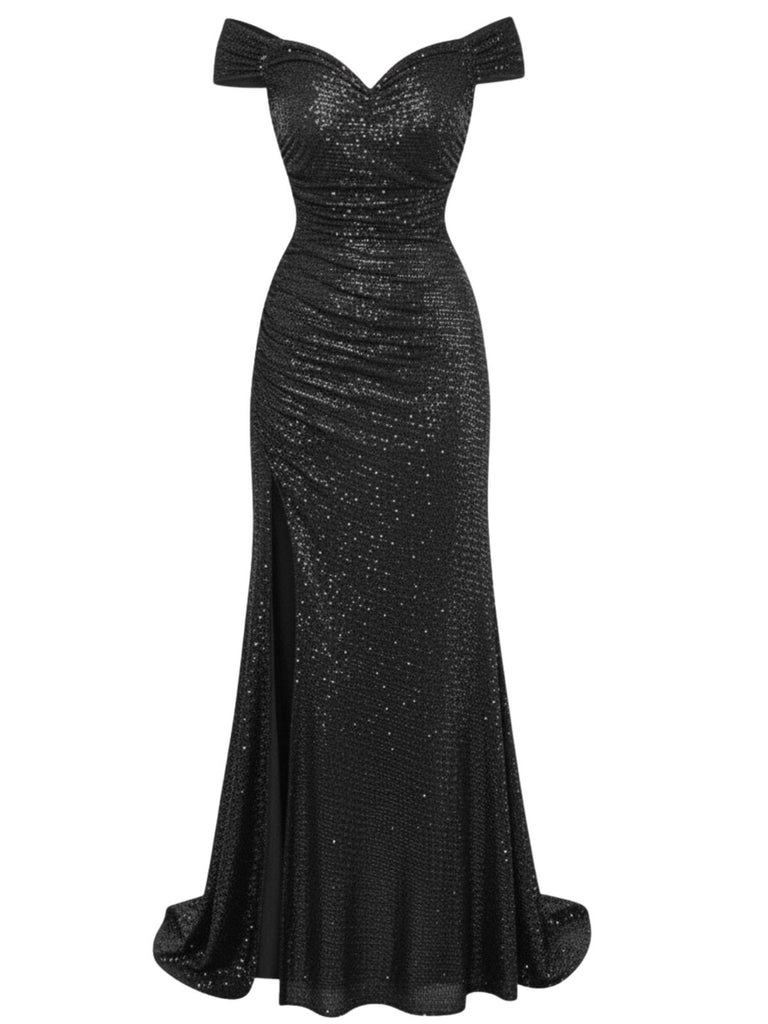 1930s Off-Shoulder Glitter Slit Maxi Dress