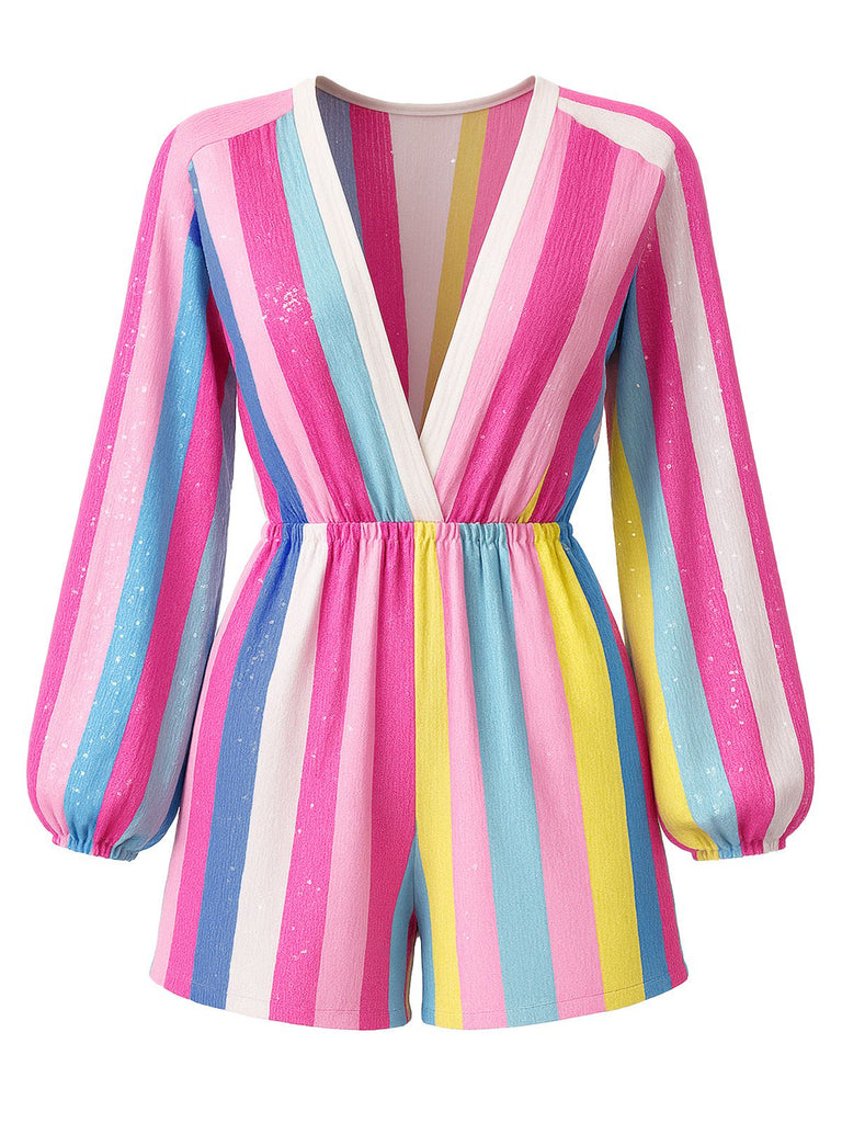 1980s Colorful Striped Sequined V-Neck Romper