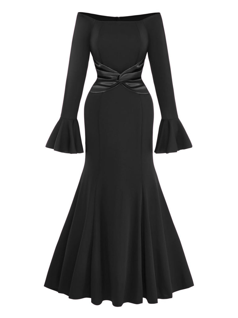 1930s Solid Off-Shoulder Pleated Bell Sleeve Dress