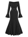 1930s Solid Off-Shoulder Pleated Bell Sleeve Dress