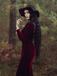 Red 1930s Velvet Pearl Lantern Sleeve Mermaid Dress