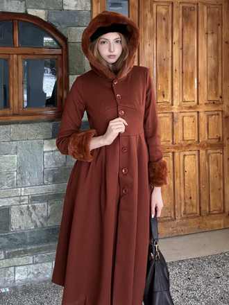 Brown 1950s Faux-Wool Hooded Button Coat