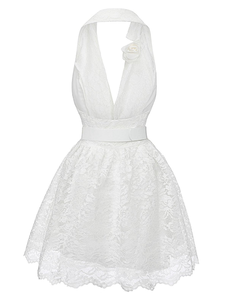 White 1950s Deep V Lace 3D Rose Halter Lapel Dress
