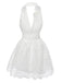 White 1950s Deep V Lace 3D Rose Halter Lapel Dress