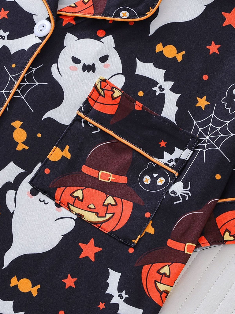 Black 1950s Halloween Print Notched Collar Pajama Set
