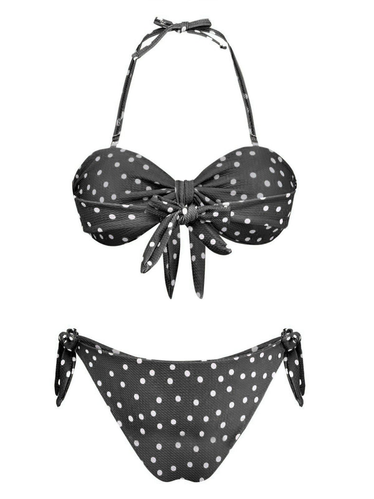 1970s Polka Dot Tie-Front Strapless Bikini Set