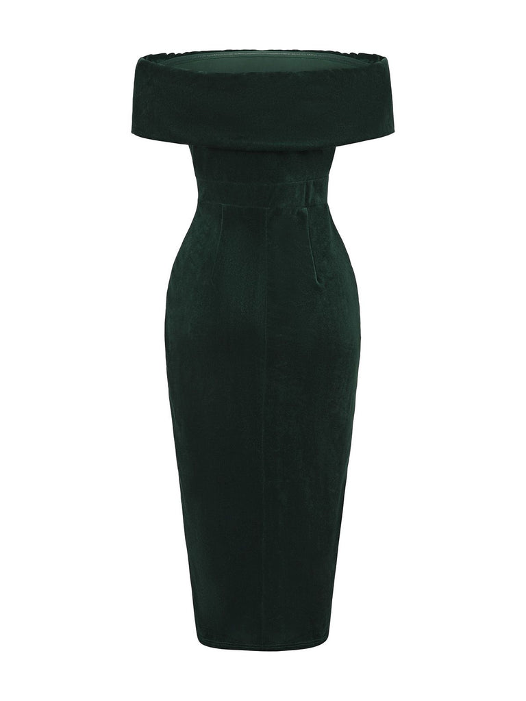 1980s Solid Velvet Off-Shoulder Midi Dress