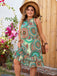 [Plus Size] Green 1970s Boho Halter Ruffle Hem Sleeveless Dress