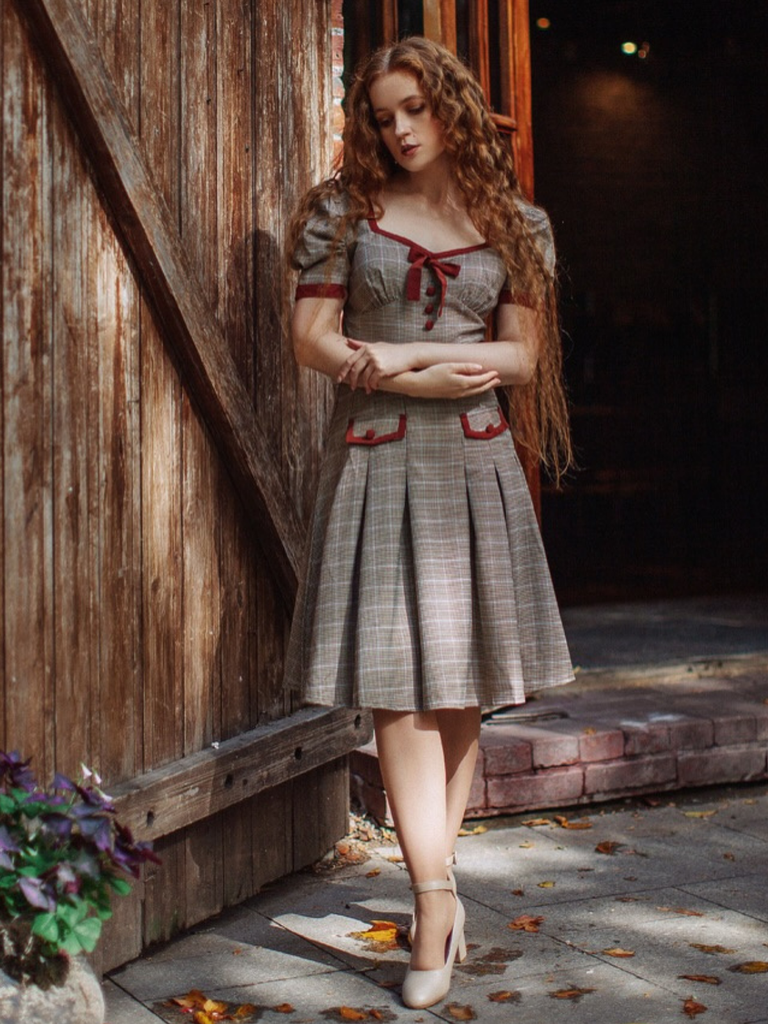 Brown 1950s Bow Houndstooth Pleated Dress