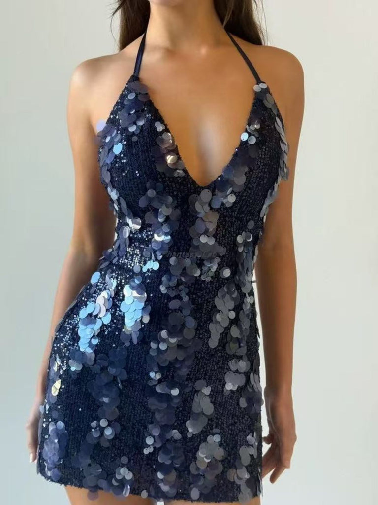 Dark Blue 2000s Solid Slip Sequined Dress