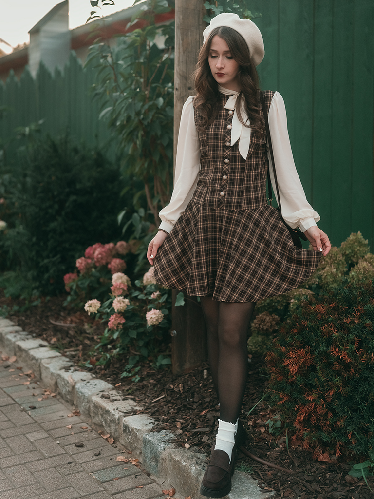Brown 1960s Plaid Bow Tie Button Swing Dress