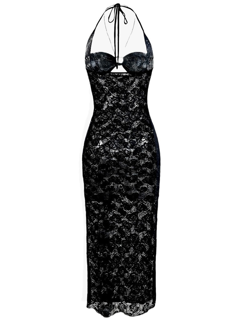 2PCS Black 1940s Lace Sheer Sleepwear Set