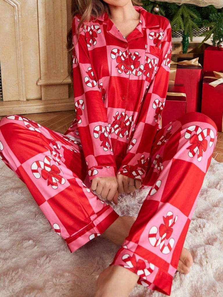 Red 1980s Christmas Checkerboard Candy Cane Pajama Set