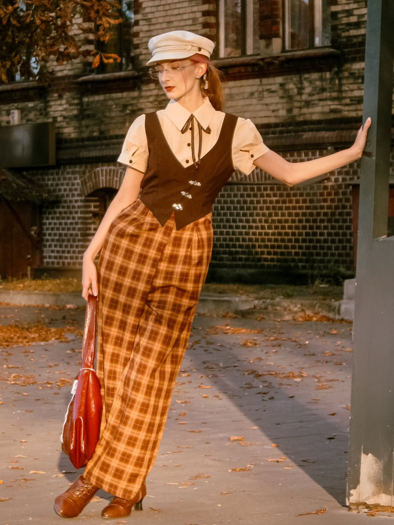 Brown 1930s Faux 3PCS Bow Plaid Jumpsuit