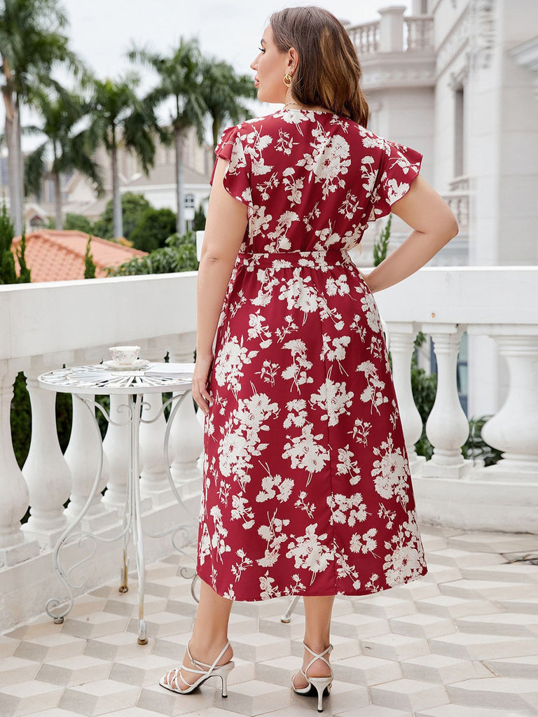 [Plus Size] Red 1940s Floral V-Neck Belted Dress
