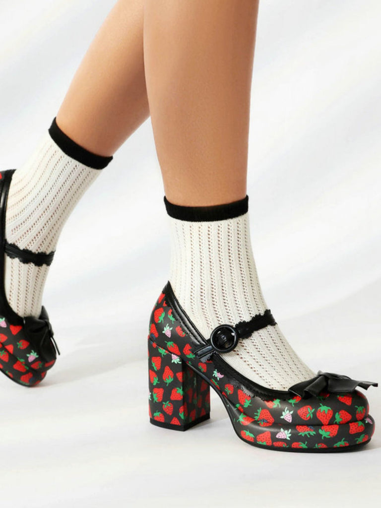 Retro Leather Strawberry Bow Chunky Heels
