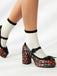 Retro Leather Strawberry Bow Chunky Heels